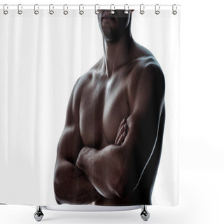 Personality  Cropped View Of Sexy Muscular Bodybuilder With Bare Torso Posing With Crossed Arms In Shadow Isolated On White Shower Curtains