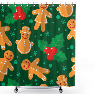 Personality  Seamless Pattern With Christmas Gingerbread Cookies And Holly Berry. Flat Design. Design Element For Gift Wrap Or Fabric. Shower Curtains