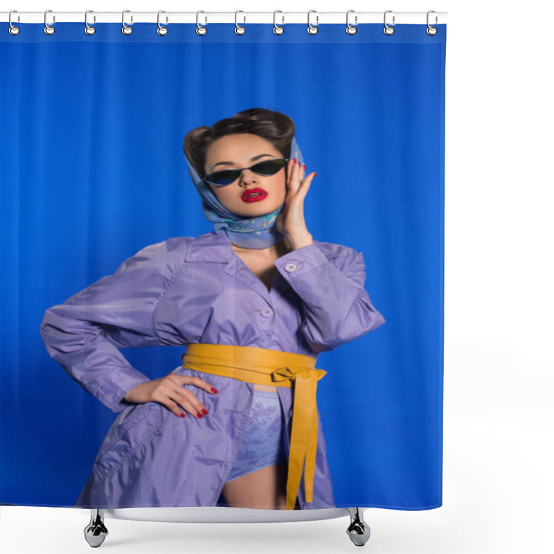 Personality  Portrait Of Stylish Woman In Retro Clothing And Sunglasses Isolated On Blue Shower Curtains