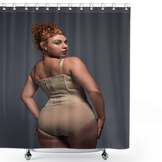 Personality  Back View Of Curvaceous Redhead Woman In Beige Lingerie Looking At Camera On Dark Grey Backdrop Shower Curtains