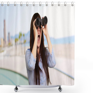 Personality  Portrait Of A Young Woman Looking Through Binoculars Shower Curtains