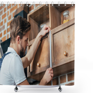Personality  Handsome Young Foreman Measuring Kitchen Furniture With Tape Shower Curtains