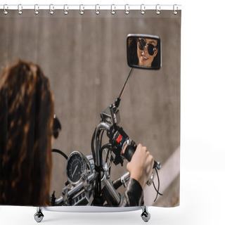 Personality  Reflection Of Beautiful Woman In Mirror Of Motorbike  Shower Curtains