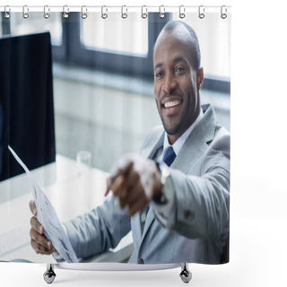 Personality  Smiling African American Businessman With Newspaper Pointing Away At Workplace Shower Curtains