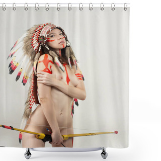 Personality  Naked Woman In Native American Costume With Feathers Shower Curtains
