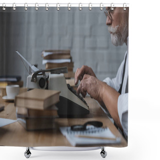 Personality  Side View Of Serious Senior Writer Working With Typewriter Shower Curtains