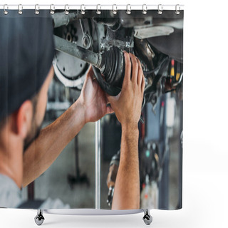 Personality  Selective Focus Of Professional Technician Repairing Car In Workshop Shower Curtains