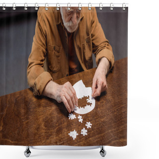 Personality  High Angle View Of Senior Man Playing Jigsaw Puzzle As Dementia Therapy Shower Curtains