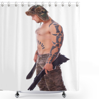 Personality  Russian Guy Is Standing By His Left Side And Holding Gun And Mac Shower Curtains