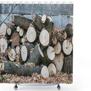 Personality  Pile Of Chopped Firewood With Autumnal Leaves Near Fence Shower Curtains