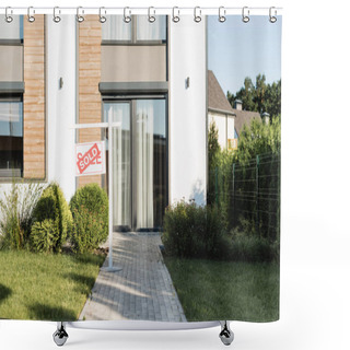 Personality  Front Facade Of Modern House Near Lawn And Sign With Sold Lettering Shower Curtains