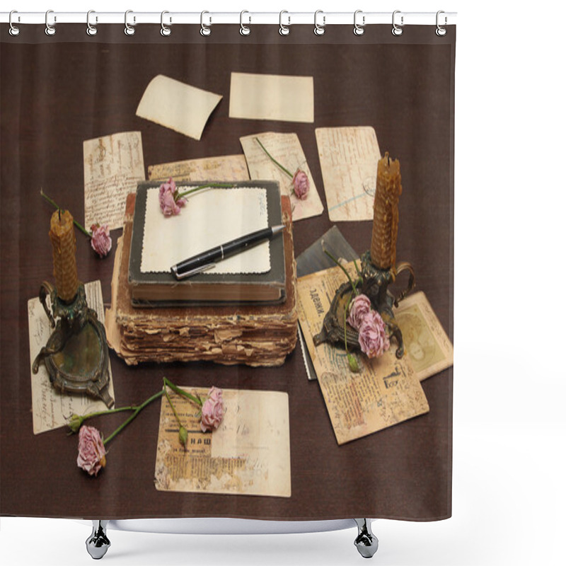 Personality  Vintage Background With Books, Postcards Shower Curtains