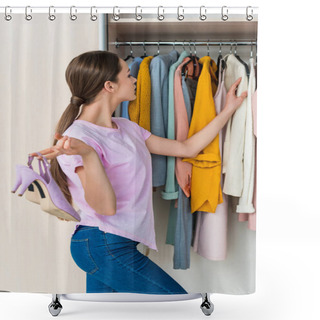 Personality  Attractive Young Woman Holding Shoes And Choosing Clothes From Cabinet At Home Shower Curtains