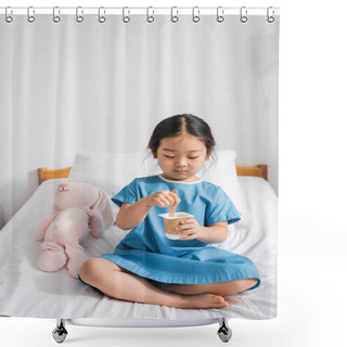 Personality  Barefoot Asian Girl Mixing Tasty Yogurt While Sitting Near Toy Bunny On Hospital Bed Shower Curtains