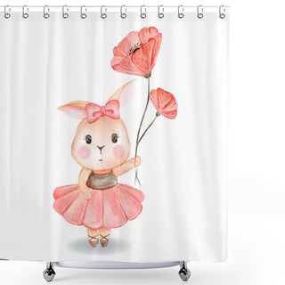 Personality  Cute Bunny Girl Holding A Red Poppy Illustration Watercolor Shower Curtains