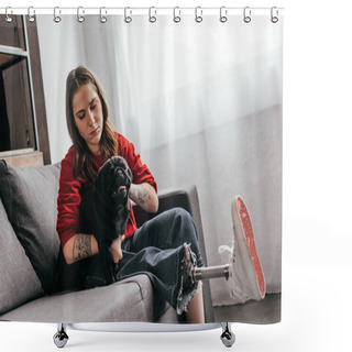 Personality  Woman With Leg Prosthesis Stroking Pug On Sofa Shower Curtains