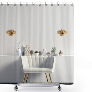Personality  Modern Interior With Sofa. Wall Mock Up. 3d Illustration. Shower Curtains