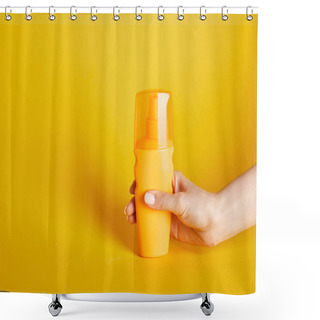 Personality  Cropped View Of Woman Holding Sunscreen In Bottle On Yellow Background Shower Curtains