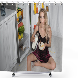 Personality  Seductive Girl Sitting On Floor In Kitchen With Bottle Of Milk And Bowl With Cornflakes Shower Curtains