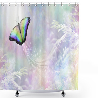 Personality  Metaphorical Butterfly Into The Light Departing Soul - A Rainbow Coloured Butterfly Heading Towards White Light Leaving A Trail Of Sparkles Against A Rainbow Coloured Foliage Background Shower Curtains