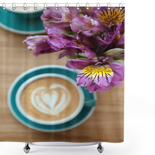 Personality   Alstroemeria Flowers On The Table With A Cup Of Coffee Shower Curtains