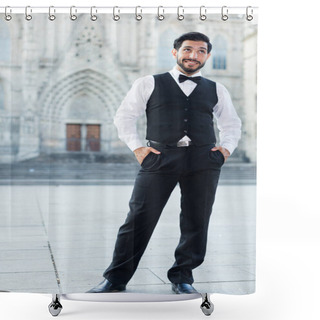 Personality  Man Standing Near Ancient Cathedral Shower Curtains