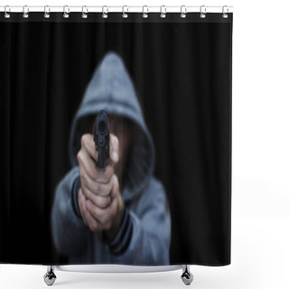 Personality  A Man Aims From A Pistol. Isolated On A Black Background. The Concept Of Threat, Danger, Defense Shower Curtains
