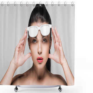 Personality  Woman In White Painted Sunglasses Shower Curtains