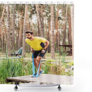 Personality  Handsome Man Exercising With Suspension Straps Near Lake In Forest  Shower Curtains