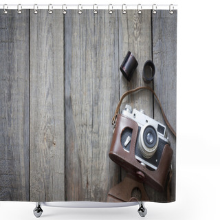 Personality  Old Retro Camera On Vintage Wooden Boards Abstract Background Shower Curtains