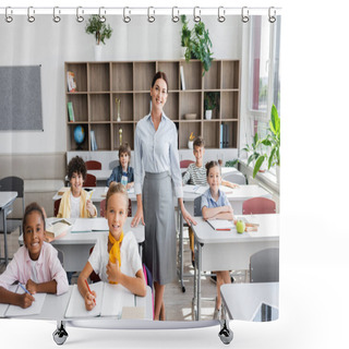 Personality  Teacher And Multiethnic Pupils Looking At Camera In Classroom During Lesson Shower Curtains