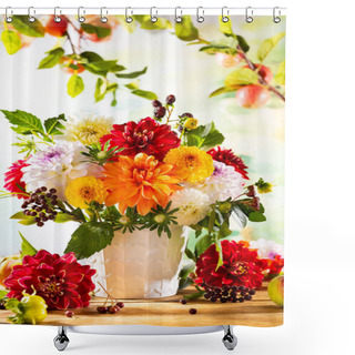 Personality  Autumn Still Life With Garden Flowers. Beautiful Autumnal Bouquet In Vase On Wooden Table. Colorful Dahlia, Chrysanthemum And Berries. Shower Curtains