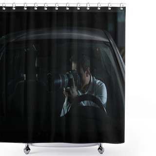 Personality  Male Private Detective Spying By Camera With Object Glass From His Car Shower Curtains