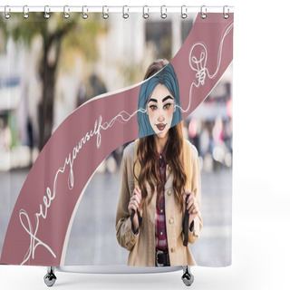 Personality  Girl With Illustrated Face And Backpack In City, Free Yourself Illustration Shower Curtains