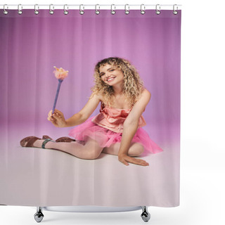 Personality  Joyful Curly Woman In Festive Pink Dress Sitting On Floor Holding Magic Wand, Tooth Fairy Concept Shower Curtains