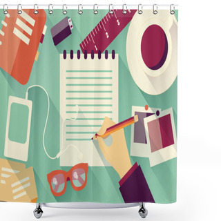 Personality  Writing Into Notebook Background With Coffee, Photos, Glasses And Flash Drive, Vector Shower Curtains