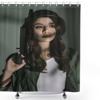 Personality  Beautiful Soldier Posing In Military Helmet With Rifle, On Grey With Shadows Shower Curtains