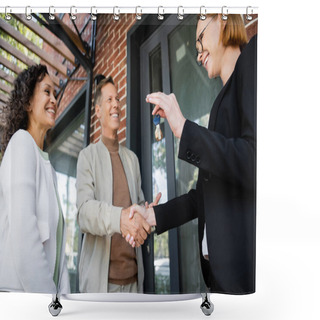Personality  Low Angle View Of Cheerful Realtor Holding Key While Shaking Hands With Cheerful Man Near African American Wife Shower Curtains