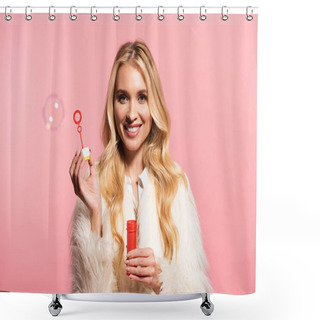 Personality  Happy Blonde Girl In White Faux Fur Coat Holding Soap Bubbles Isolated On Pink  Shower Curtains