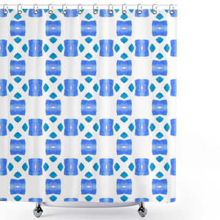 Personality  Hand Painted Tiled Watercolor Border. Blue Delightful Boho Chic Summer Design. Textile Ready Juicy Print, Swimwear Fabric, Wallpaper, Wrapping. Tiled Watercolor Background. Shower Curtains