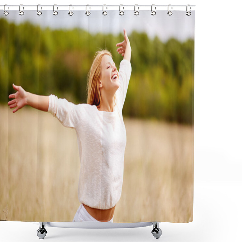 Personality  Happy woman with outstretched arms shower curtains