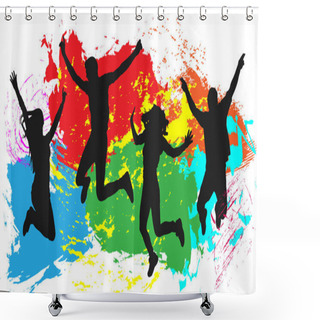 Personality  Jumping People Friends Silhouette, Colorful Bright Ink Splashes Background Shower Curtains