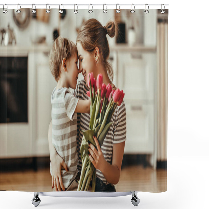 Personality  happy mother's day! child son gives flowers for  mother on holid shower curtains