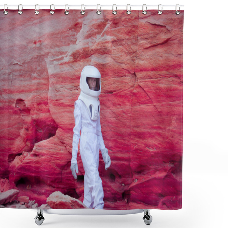 Personality  Futuristic Astronaut On Crazy Pink Planet, Image With The Effect Of Toning Shower Curtains