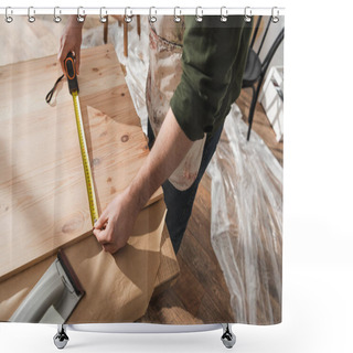 Personality  High Angle View Of Carpenter In Apron Measuring Wooden Board In Workshop  Shower Curtains