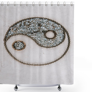 Personality  Top View Of Aged Metal Gears And Screws Arranged In Taijitu Symbol On Grey Background Shower Curtains