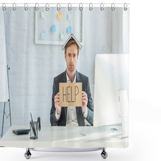 Personality  Sad Businessman With Notebook On Head, Holding Cardboard With Help Lettering, While Sitting At Workplace Shower Curtains