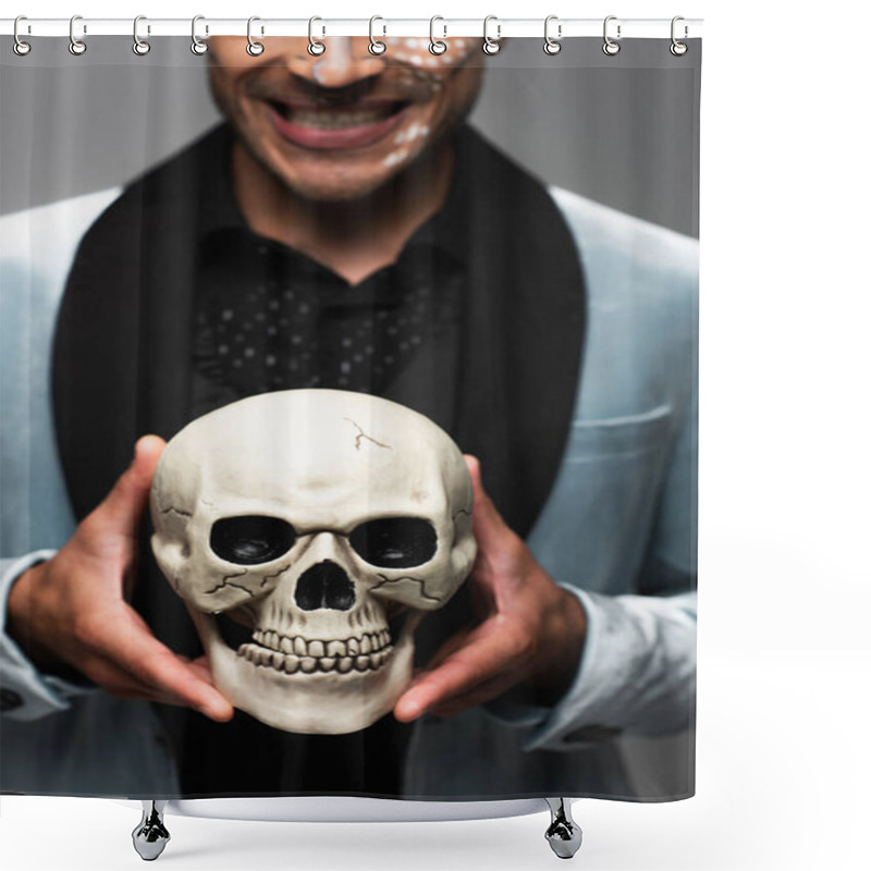 Personality  Cropped View Of Blurred Man With Sarcastic Smile Holding Creepy Skull Isolated On Grey Shower Curtains