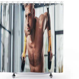 Personality  Panoramic View Of Handsome Shirtless Sportsman Training With Resistance Bands In Gym  Shower Curtains