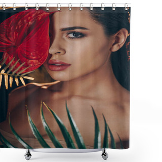 Personality  Sexy Woman Near Leaves Covering Face With Red Anthurium And Looking At Camera  Shower Curtains